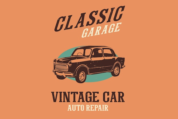 Vettore design classico della siluetta di riparazione auto d'epoca per garage