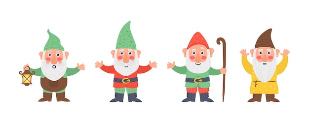 Classic garden gnomes in colorful outfits different situations.