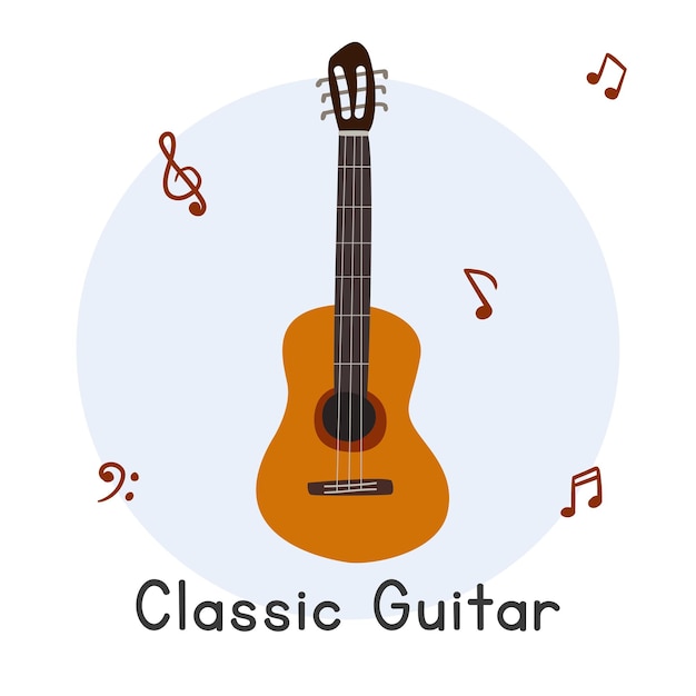 Classic guitar clipart cartoon style, string instrument flat vector illustration, hand drawn doodle