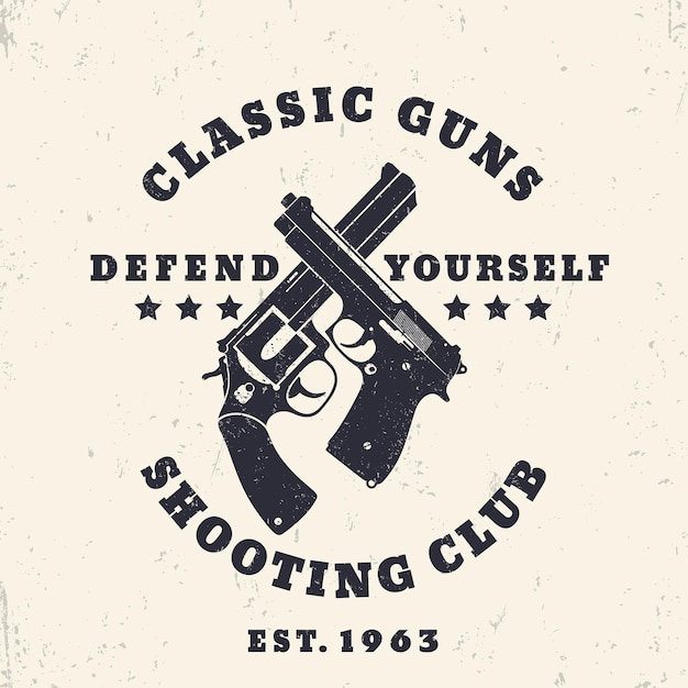 Emblema classico del grunge delle pistole, stampa con pistola e revolver incrociati, illustrazione vettoriale