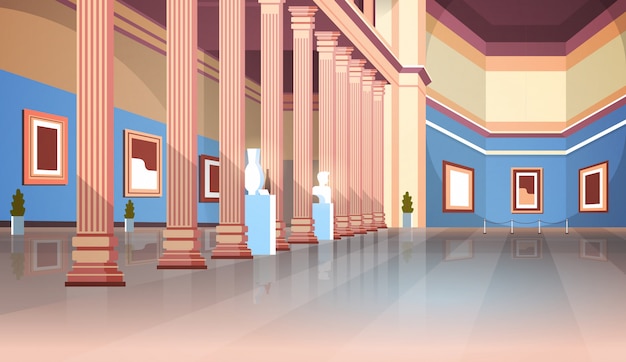 Classic historic museum art gallery hall with columns interior ancient exhibits and sculptures collection flat horizontal