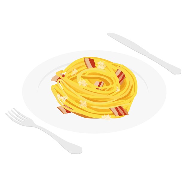 Classic homemade carbonara pasta with fork and knfe isolated on white background Italian food Traditional italian cuisine Vector