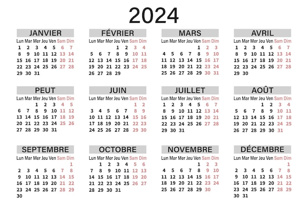 Vector classic horizontal calendar 2024 in french days weeks and months print vector