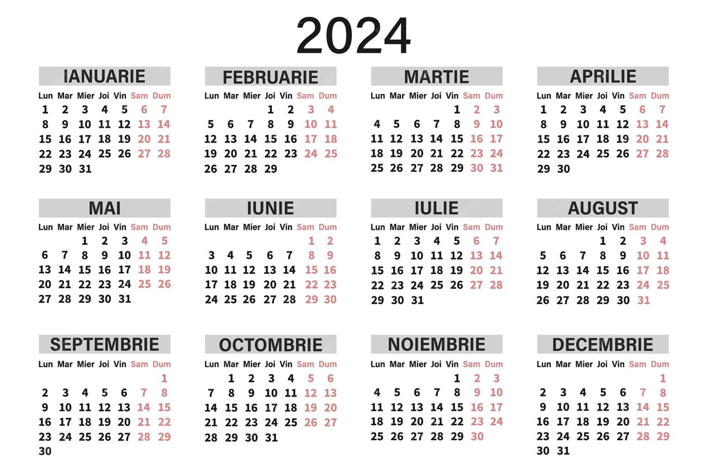 Premium Vector Classic horizontal calendar 2024 in Romanian Days