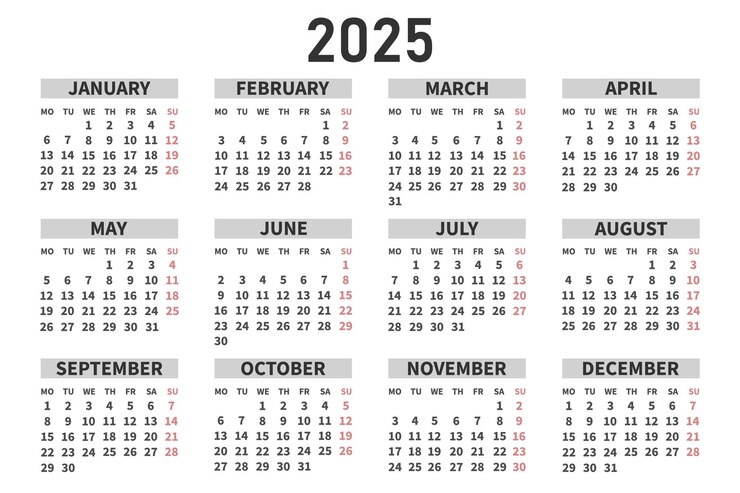 Классический горизонтальный календарь 2025 года на английском языке Дни, недели и месяцы Вектор печати