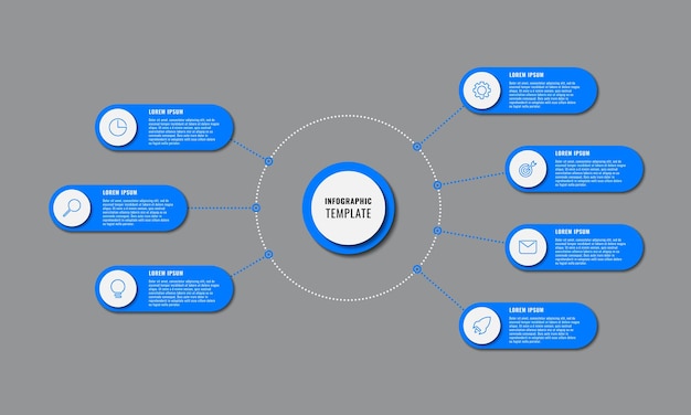 Classic infographic template with seven blue round elements on a gray background