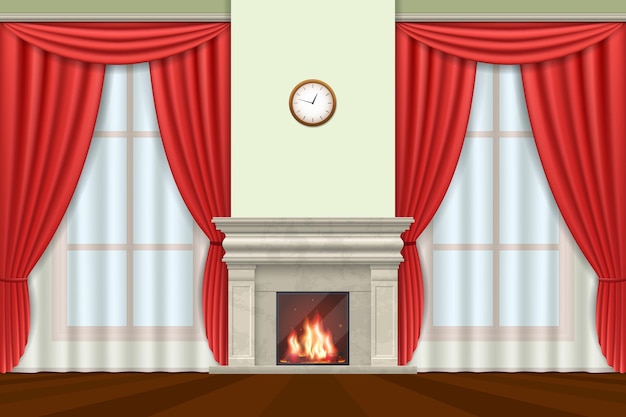 Classic interior. living room interior with curtains and fireplace