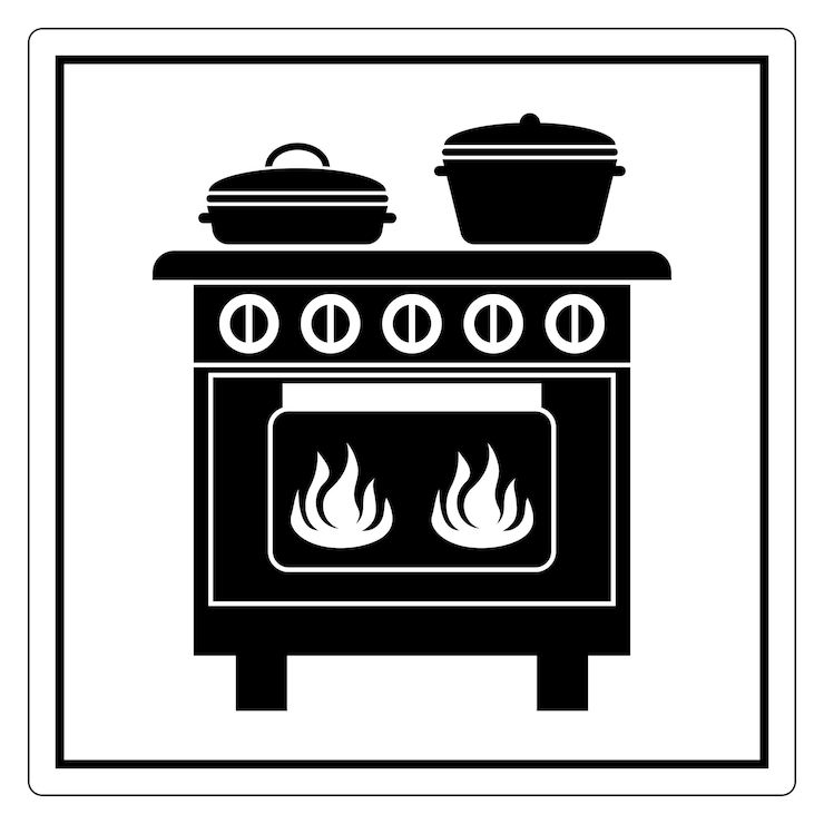 Vector classic kitchen stove with pots and flames