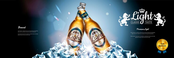Баннер классического лагерного пива с элементами кубиков льда в 3d стиле