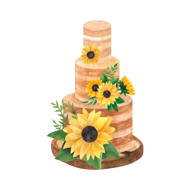 Вектор Классический слоеный торт с композициями из подсолнухов свадебный романтический клипарт