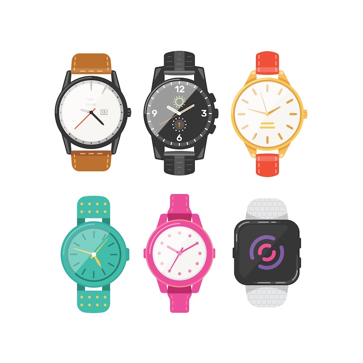 Vector classic men's and women's watches set of  icons. watch for businessman, smartwatch and fashion clocks collection.