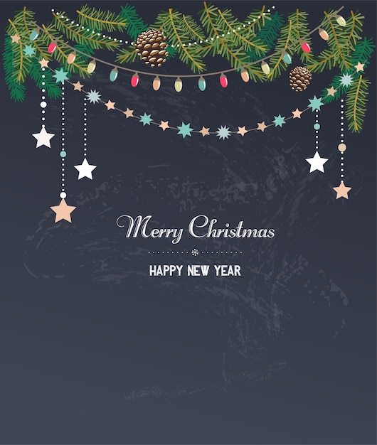 モミの木の枝を持つ古典的なメリークリスマスと新年あけましておめでとうございますテンプレート。