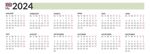 클래식 월 2024 달력 모형 또는 영어 주에 24년 달력 템플릿은 월요일에 시작됩니다. 가로 플래너 레이아웃 유럽 영어 그레고리안 연간 달력 연간 편지지 구성