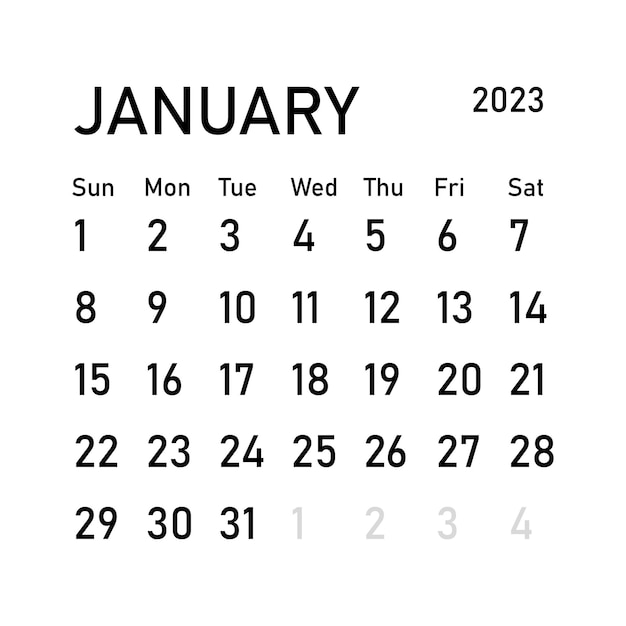 벡터 2023년의 클래식 월별 달력입니다. 미니멀한 사각형 모양의 스타일로 된 달력입니다. 1월