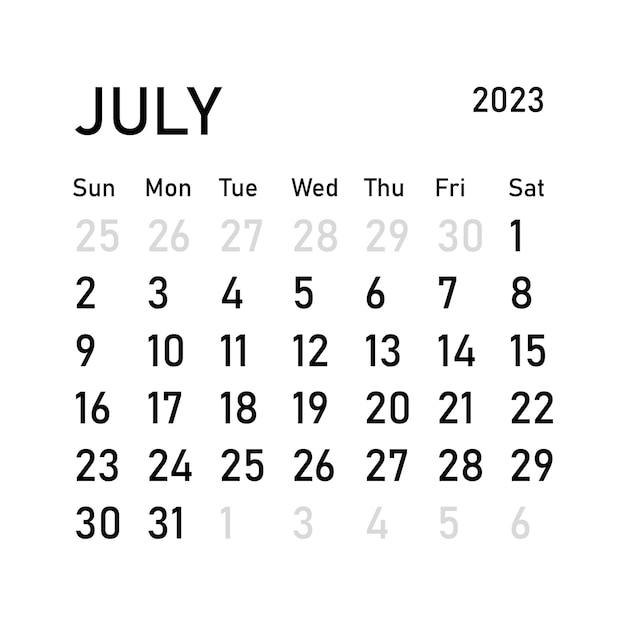 ベクトル 2023 年のクラシックな月間カレンダー。ミニマリストの正方形のスタイルのカレンダー。 7月