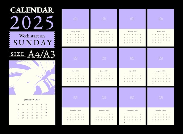 Vector classic monthly calendar and note for 2025 the week starts on sunday a4a3 size