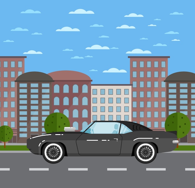 Vector classic muscle car in urban landscape