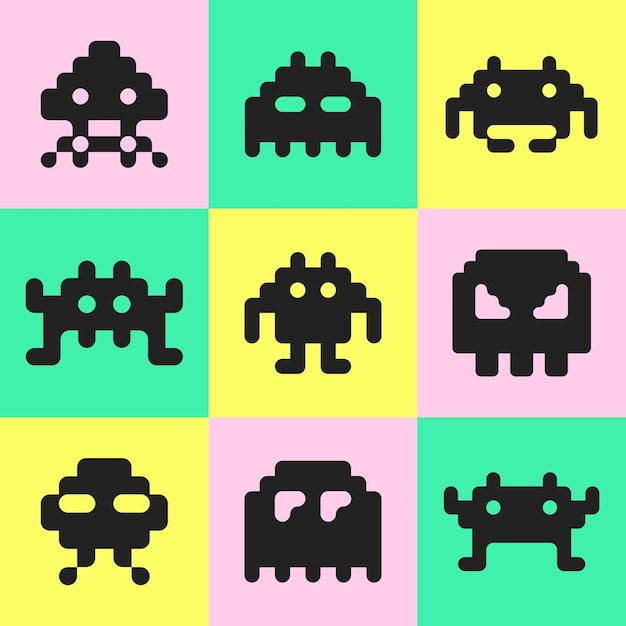 Vector classic pixel moster robot game icon symbol illustration vector cute mosaic element clip art sticker