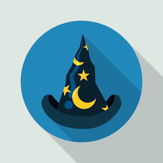 Classic pointy wizard with moon and stars inside round button in flat style and long shadow