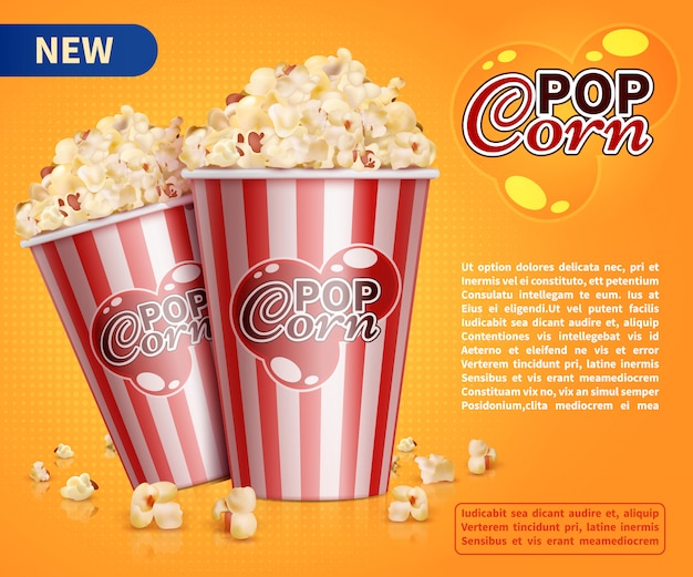 Vettore gli spuntini classici del cinema del popcorn vector il modello promozionale dell'insegna