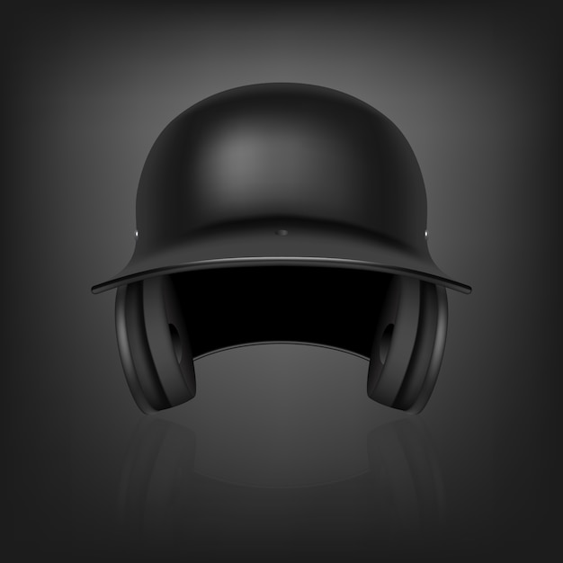 Vettore casco da baseball nero realistico classico con riflessione su sfondo nero. vista frontale. illustrazione.