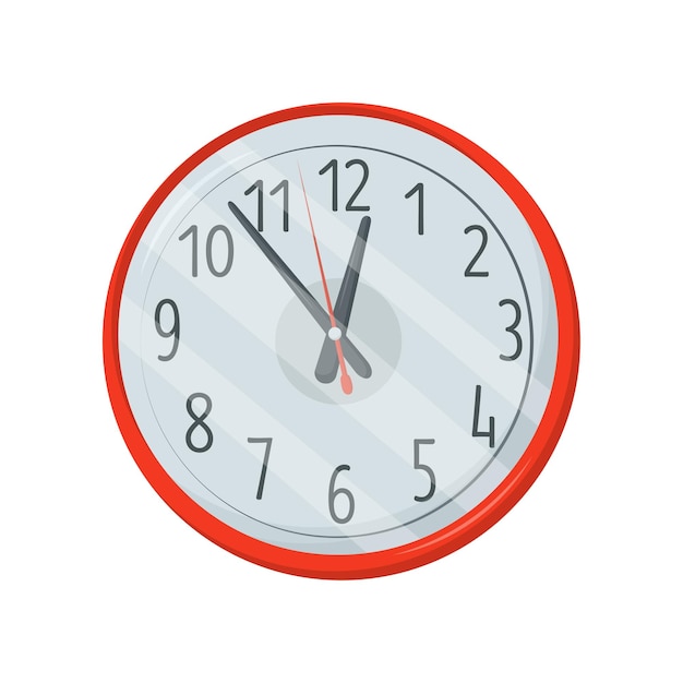 Classico orologio rotondo rosso con quadrante bianco grandi numeri neri e frecce elemento decorativo da parete design vettoriale piatto per sito web o app mobile