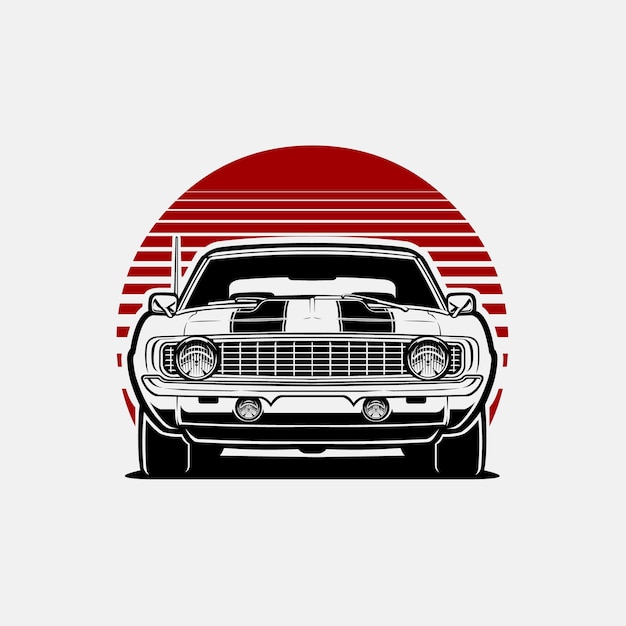 Classica retro muscle car vista frontale arte vettoriale illustrazione a colori isolata in uno sfondo rosso