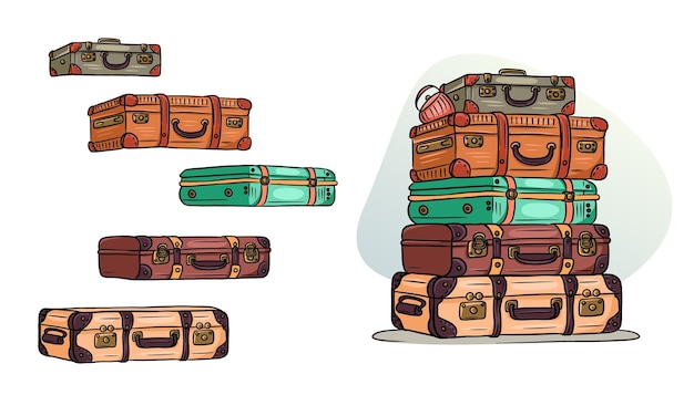 Classic retro travel suitcases lie on top of each other and individually Cartoon style