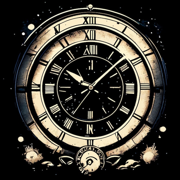 ベクトル 黒の背景に古典的なローマ数字の時計 t シャツのデザイン コンセプト
