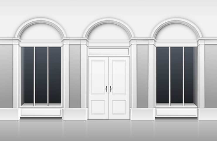 Vector  classic shop boutique building store front with glass windows showcase, closed door and place for name isolated on white background