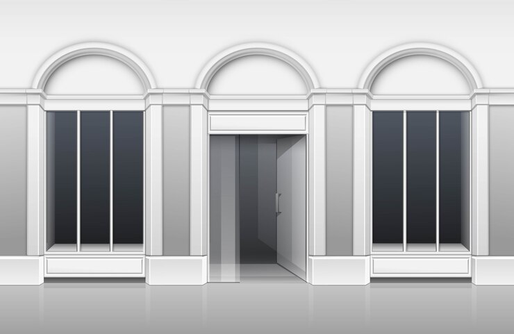 Vector classic shop boutique building store front with glass windows showcase