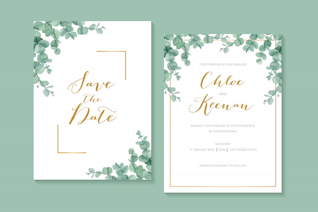 Classic and simple greenery wedding invitation with baby eucalyptus leaves and golden frame border.