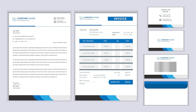 편지지 템플릿, 송장 및 명함이있는 클래식 문구 비즈니스 기업 브랜딩 디자인.