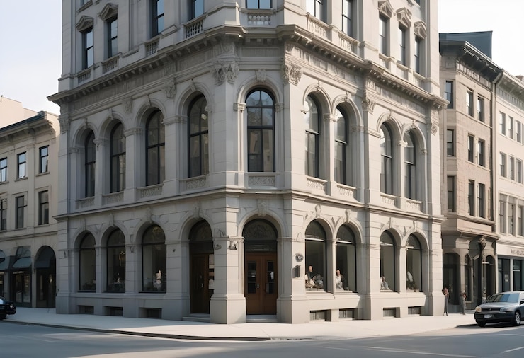 Vector a classic stone building with arched windows and a wooden door situated on a corner lot in a city setting