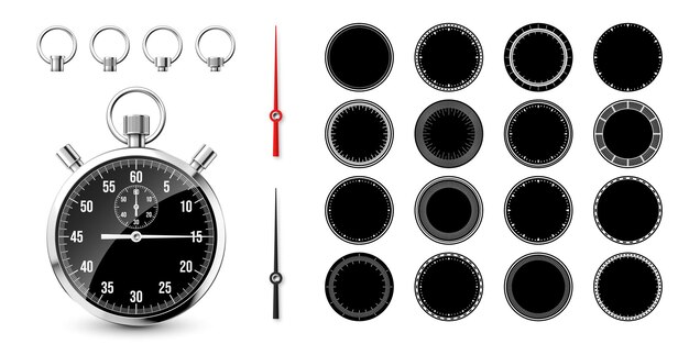 벡터 클래식 스워치와 시계 표면 반이는 금속 크로노미터 시간 카운터와 다이얼 카운트다운 타이머