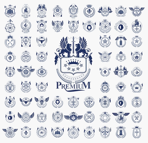 Classic style emblems big set, ancient heraldic symbols awards and labels collection, classical heraldry design elements, family or business emblems.