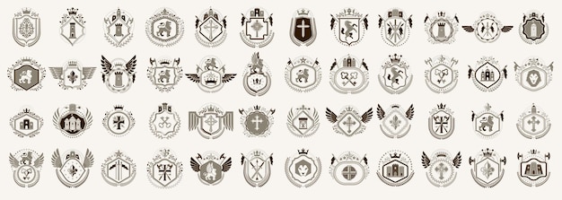 Vector classic style emblems big set, ancient heraldic symbols awards and labels collection, classical heraldry design elements, family or business emblems.