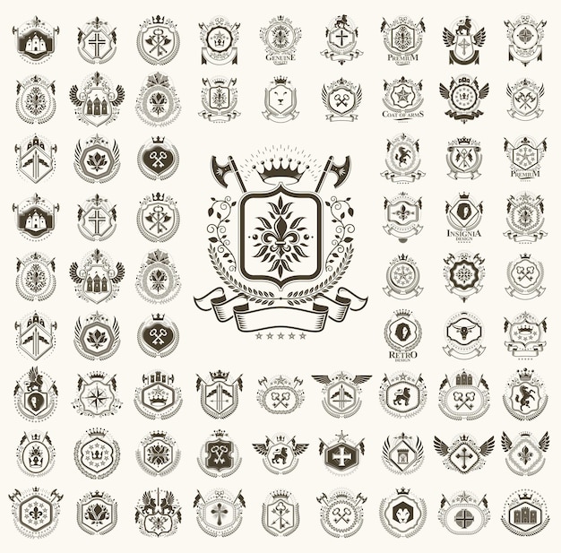 Classic style emblems big set, ancient heraldic symbols awards and labels collection, classical heraldry design elements, family or business emblems.