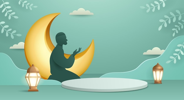 classic teal muslim islamic festival theme product display background with muslim prayer