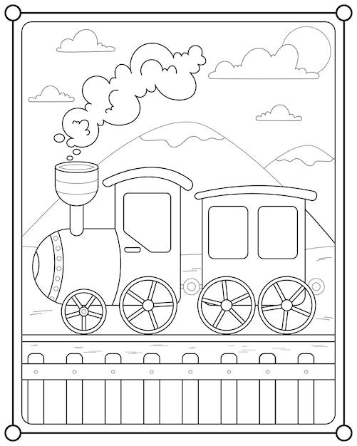 Vettore treno classico con vista sulle montagne adatto a bambini che colorano l'illustrazione di vettore della pagina