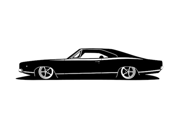 Auto tuning classica con grandi ruote, motore elettrico e compilation di auto basse. disegno vettoriale piatto bianco nero stile gangsta americano. veicolo simbolo per la stampa o l'icona web.