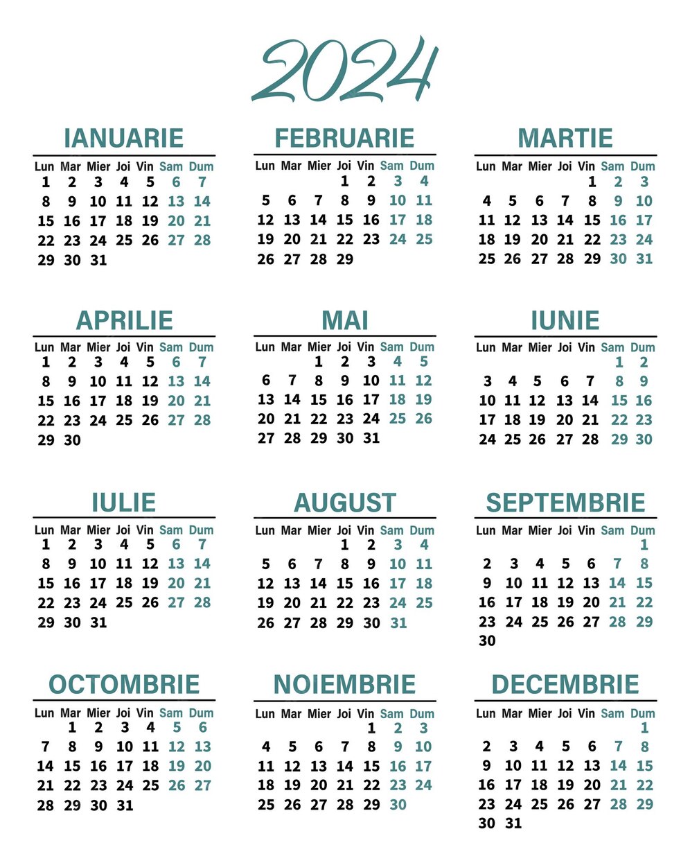 Calendario verticale classico 2024 in rumeno giorni settimane e mesi