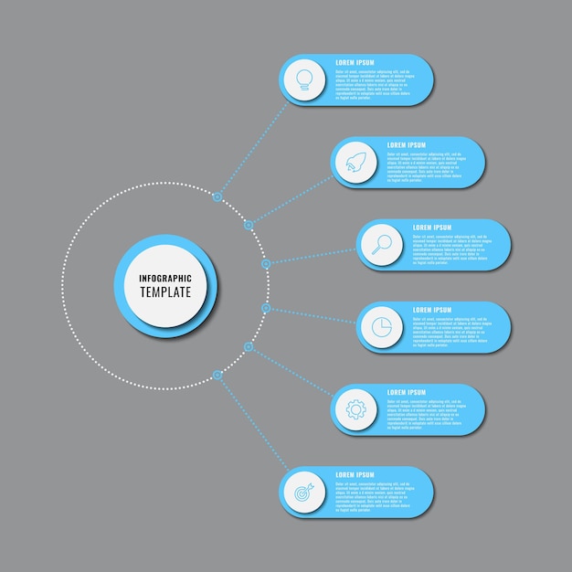 Classic vertical infographic template with six light blue round elements on a gray background