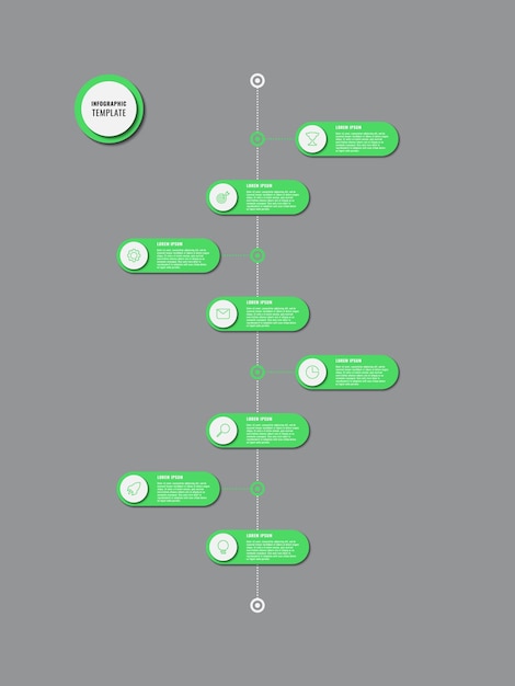 Classic vertical infographic timeline template with eight green round elements on a gray background