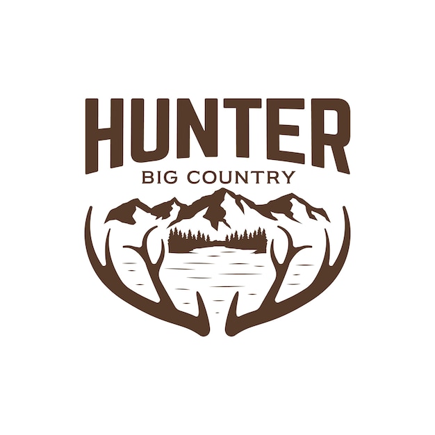 Classic vintage rustic hunter logo design with mountains lake and deer antler