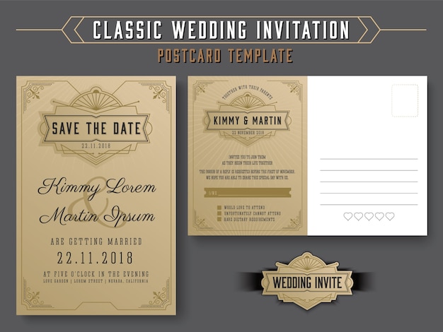 Vettore modello di cartolina di invito matrimonio classico