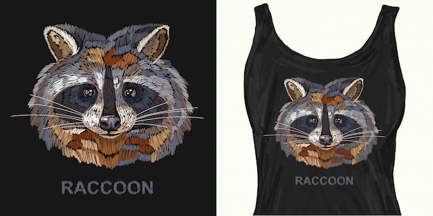 Vector classical embroidery portrait of funny raccoon