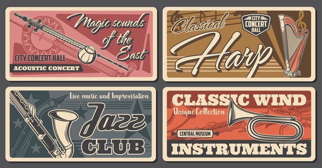 Classical and jazz music concert retro banners