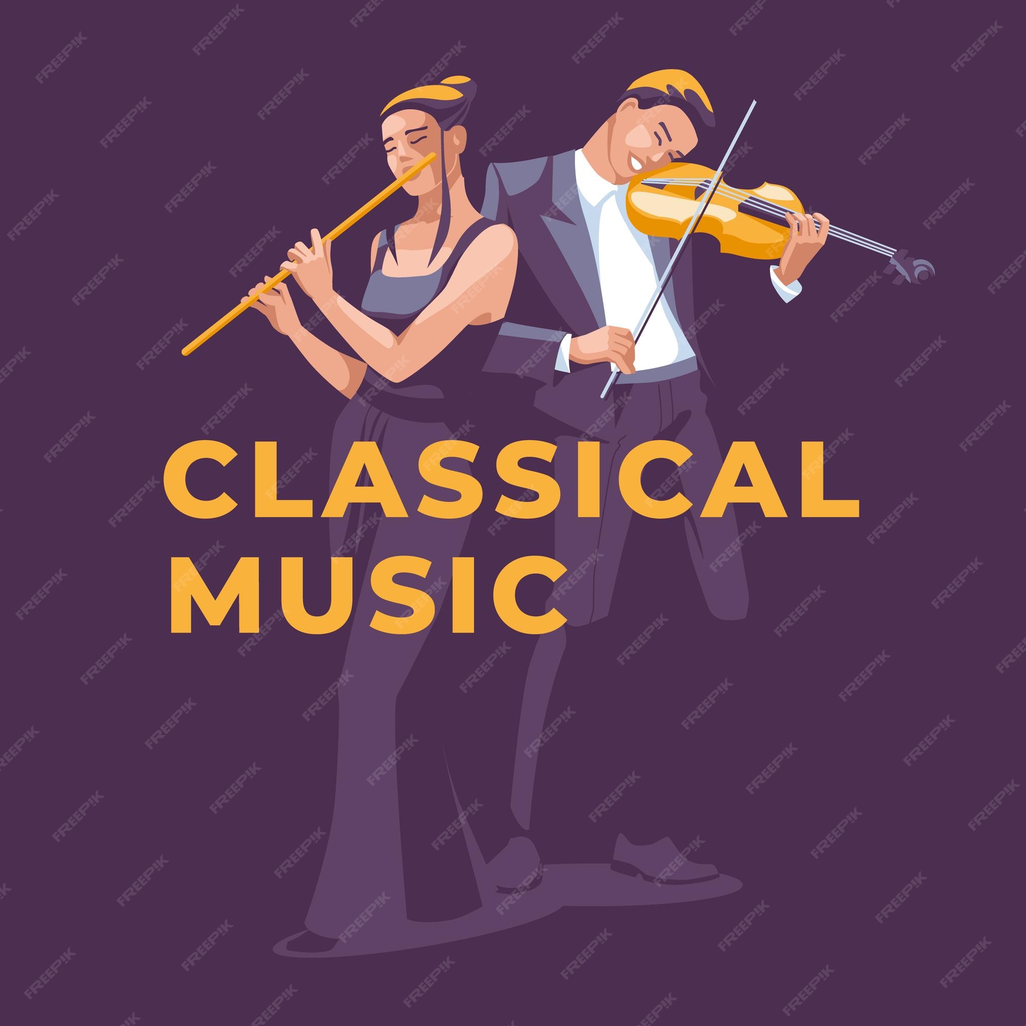 Premium Vector | Classical music brochure a woman plays the flute and a man  plays the violin elegantly dressed isolated on purple background vector  flat illustration