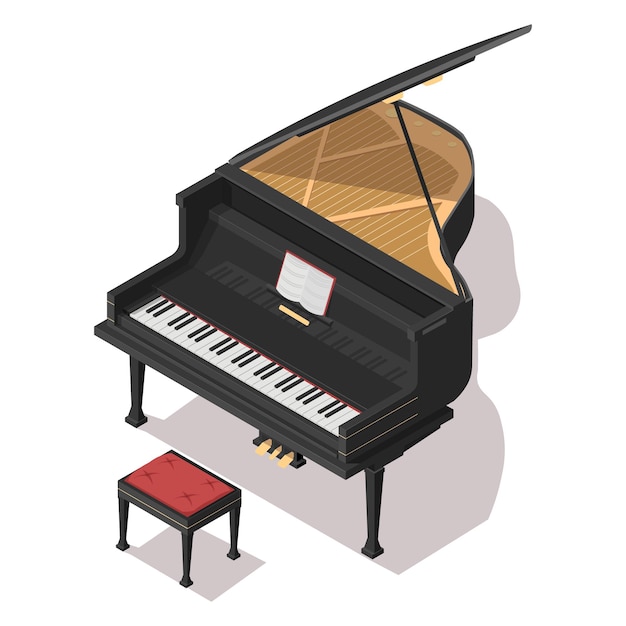 Классический музыкальный инструмент рояль Иконка изображения силуэт деревянного черного фортепиано для филармонического объекта Atr для оркестрового пианиста современный дизайн изолирован на белом фоне векторной иллюстрации